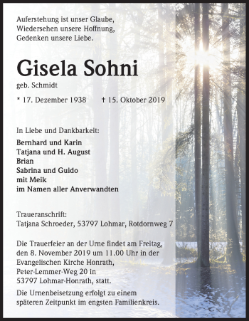 Anzeige von Gisela Sohni von Kölner Stadt-Anzeiger / Kölnische Rundschau / Express