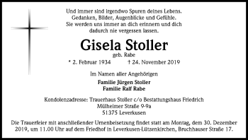 Anzeige von Gisela Stoller von Kölner Stadt-Anzeiger / Kölnische Rundschau / Express