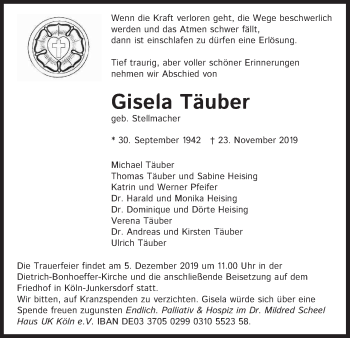 Anzeige von Gisela Täuber von Kölner Stadt-Anzeiger / Kölnische Rundschau / Express