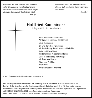 Anzeige von Gottfried Ramminger von Kölner Stadt-Anzeiger / Kölnische Rundschau / Express