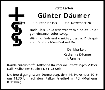 Anzeige von Günter Däumer von Kölner Stadt-Anzeiger / Kölnische Rundschau / Express