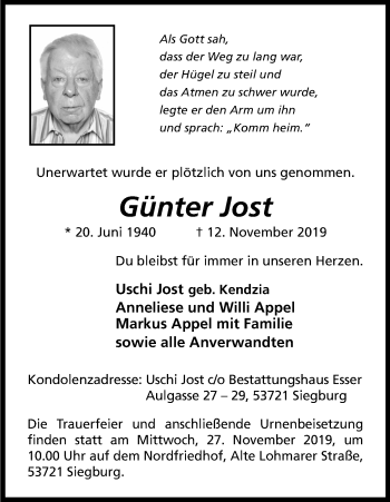 Anzeige von Günter Jost von Kölner Stadt-Anzeiger / Kölnische Rundschau / Express