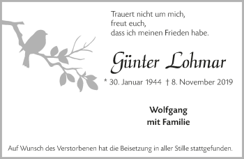 Anzeige von Günter Lohmar von  Bergisches Handelsblatt 