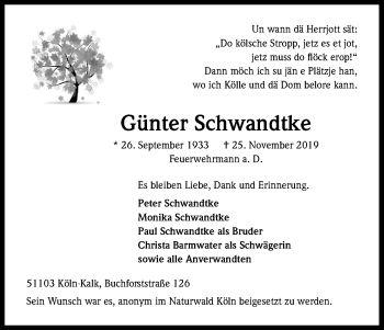 Anzeige von Günter Schwandtke von Kölner Stadt-Anzeiger / Kölnische Rundschau / Express