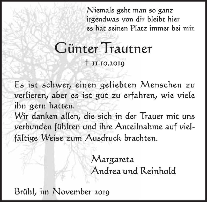  Traueranzeige für Günter Trautner vom 13.11.2019 aus  Schlossbote/Werbekurier 