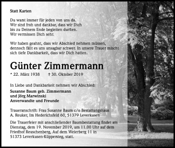 Anzeige von Günter Zimmermann von Kölner Stadt-Anzeiger / Kölnische Rundschau / Express