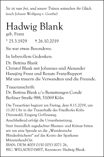 Anzeige von Hadwig Blank von Kölner Stadt-Anzeiger / Kölnische Rundschau / Express