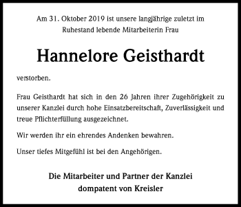 Anzeige von Hannelore Geisthardt von Kölner Stadt-Anzeiger / Kölnische Rundschau / Express