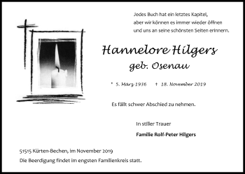 Anzeige von Hannelore Hilgers von Kölner Stadt-Anzeiger / Kölnische Rundschau / Express