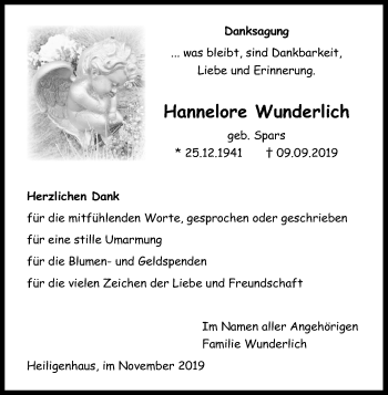 Anzeige von Hannelore Wunderlich von Kölner Stadt-Anzeiger / Kölnische Rundschau / Express