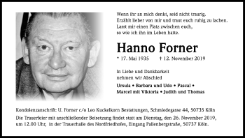 Anzeige von Hanno Forner von Kölner Stadt-Anzeiger / Kölnische Rundschau / Express