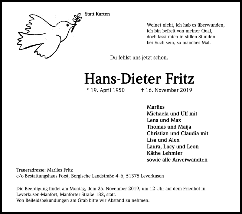  Traueranzeige für Hans-Dieter Fritz vom 20.11.2019 aus Kölner Stadt-Anzeiger / Kölnische Rundschau / Express