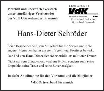 Anzeige von Hans-Dieter Schröder von  Blickpunkt Euskirchen 