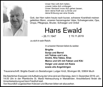 Anzeige von Hans Ewald von Kölner Stadt-Anzeiger / Kölnische Rundschau / Express