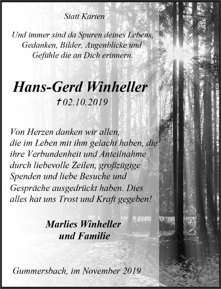  Traueranzeige für Hans-Gerd Winheller vom 20.11.2019 aus  Anzeigen Echo 
