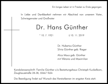 Anzeige von Hans Günther von Kölner Stadt-Anzeiger / Kölnische Rundschau / Express