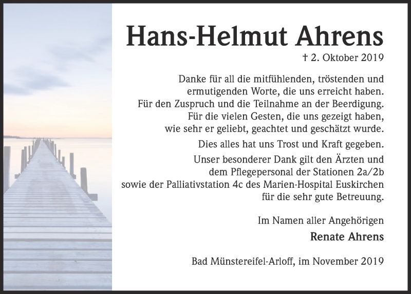  Traueranzeige für Hans-Helmut Ahrens vom 16.11.2019 aus  Blickpunkt Euskirchen 