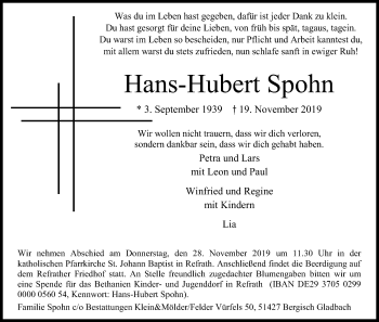 Anzeige von Hans-Hubert Spohn von Kölner Stadt-Anzeiger / Kölnische Rundschau / Express