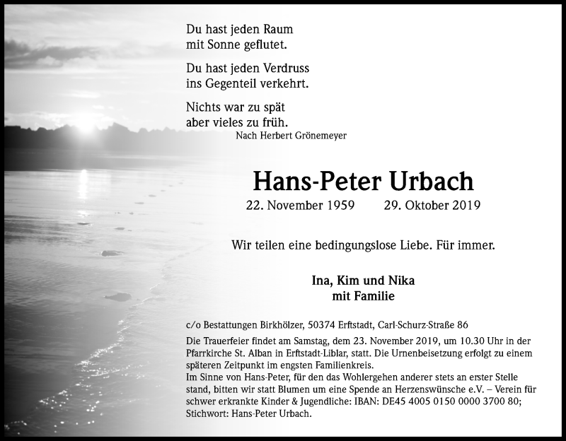  Traueranzeige für Hans-Peter Urbach vom 16.11.2019 aus Kölner Stadt-Anzeiger / Kölnische Rundschau / Express