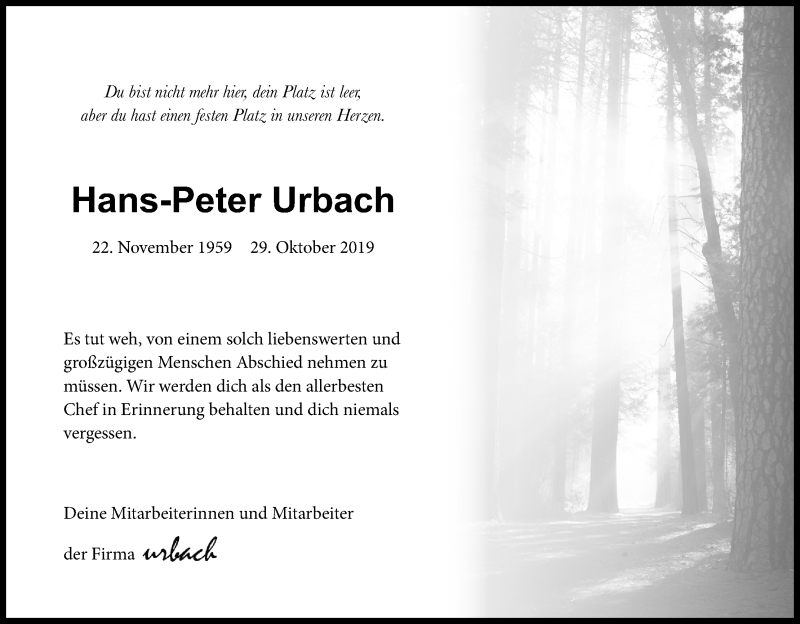  Traueranzeige für Hans-Peter Urbach vom 16.11.2019 aus Kölner Stadt-Anzeiger / Kölnische Rundschau / Express