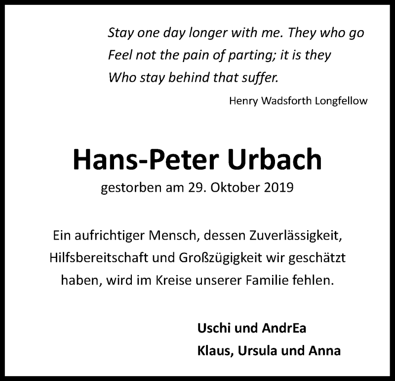  Traueranzeige für Hans-Peter Urbach vom 16.11.2019 aus Kölner Stadt-Anzeiger / Kölnische Rundschau / Express