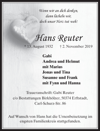 Anzeige von Hans Reuter von  Werbepost 