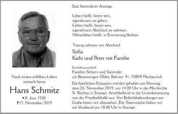 Anzeige von Hans Schmitz von  Blickpunkt Euskirchen 