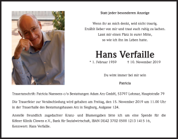 Anzeige von Hans Verfaille von Kölner Stadt-Anzeiger / Kölnische Rundschau / Express