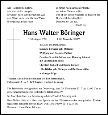 Anzeige von Hans-Walter Böringer von Kölner Stadt-Anzeiger / Kölnische Rundschau / Express