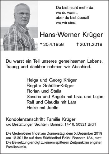 Anzeige von Hans-Werner Krüger von  Schlossbote/Werbekurier 