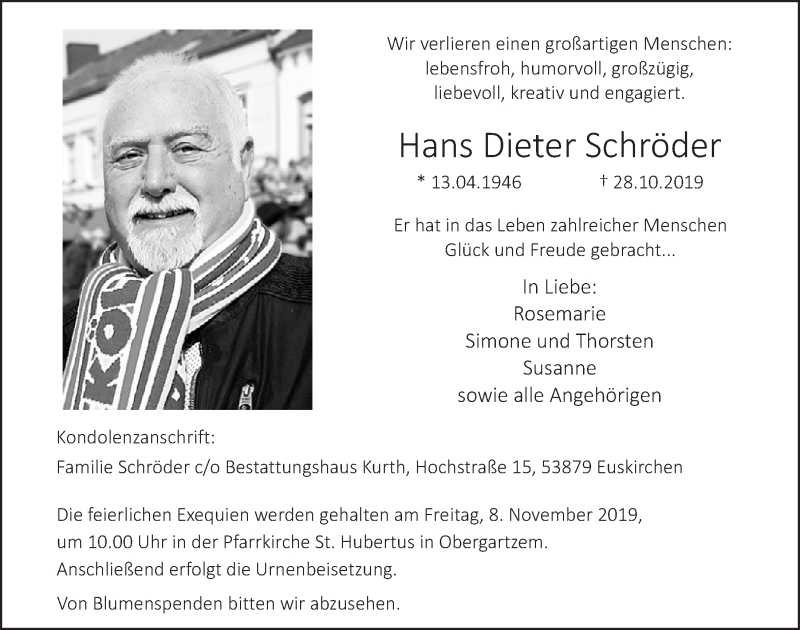  Traueranzeige für Hans Dieter Schröder vom 02.11.2019 aus  Blickpunkt Euskirchen 