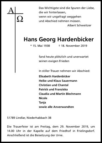 Anzeige von Hans Georg Hardenbicker von Kölner Stadt-Anzeiger / Kölnische Rundschau / Express