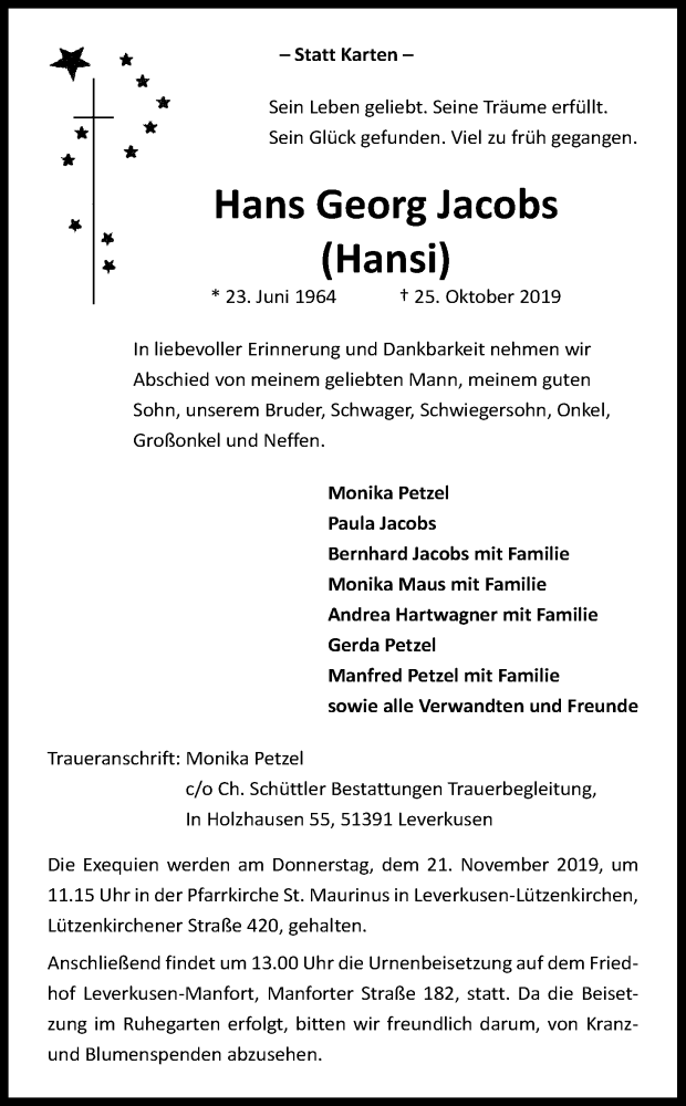  Traueranzeige für Hans Georg Jacobs vom 16.11.2019 aus Kölner Stadt-Anzeiger / Kölnische Rundschau / Express