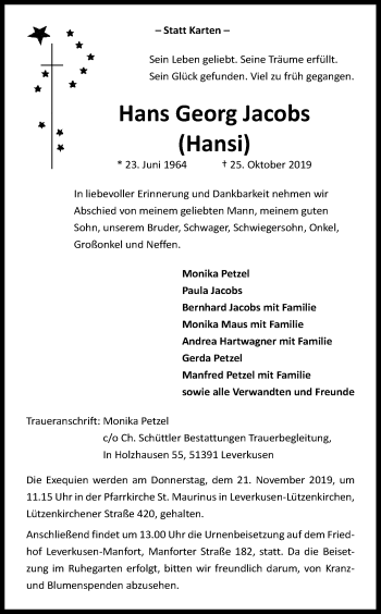Anzeige von Hans Georg Jacobs von Kölner Stadt-Anzeiger / Kölnische Rundschau / Express