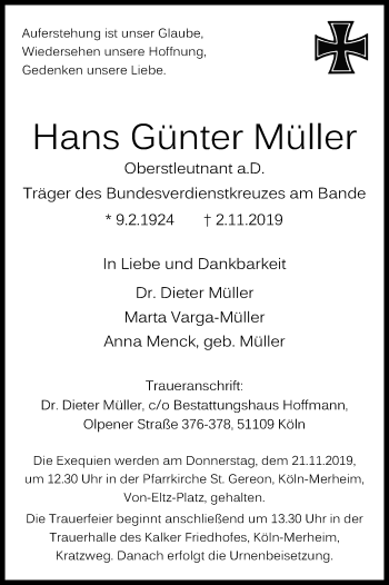 Anzeige von Hans Günter Müller von Kölner Stadt-Anzeiger / Kölnische Rundschau / Express