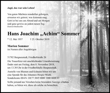 Anzeige von Hans Joachim Sommer von Kölner Stadt-Anzeiger / Kölnische Rundschau / Express