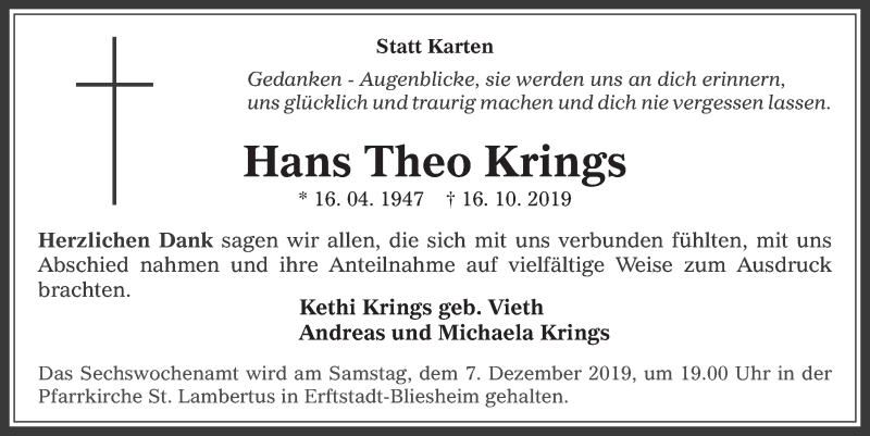  Traueranzeige für Hans Theo Krings vom 27.11.2019 aus  Werbepost 