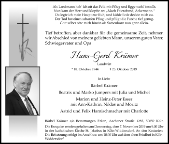 Anzeige von Hans–Gerd Krämer von Kölner Stadt-Anzeiger / Kölnische Rundschau / Express