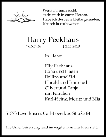 Anzeige von Harry Peekhaus von Kölner Stadt-Anzeiger / Kölnische Rundschau / Express
