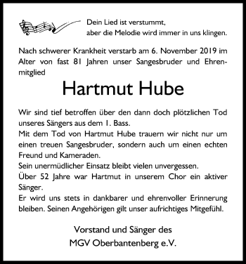 Anzeige von Hartmut Hube von Kölner Stadt-Anzeiger / Kölnische Rundschau / Express