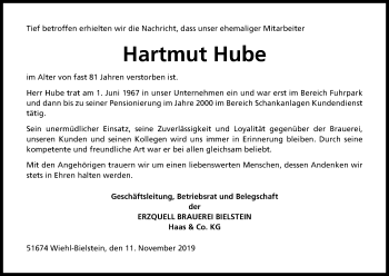 Anzeige von Hartmut Hube von Kölner Stadt-Anzeiger / Kölnische Rundschau / Express