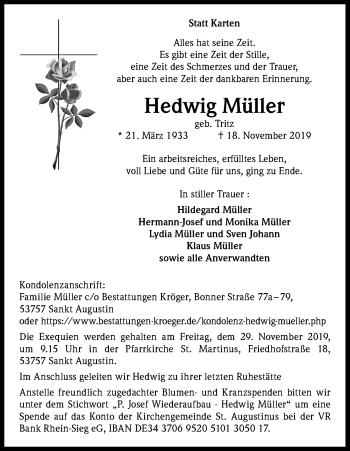 Anzeige von Hedwig Müller von Kölner Stadt-Anzeiger / Kölnische Rundschau / Express