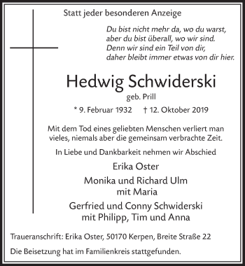 Anzeige von Hedwig Schwiderski von  Sonntags-Post 