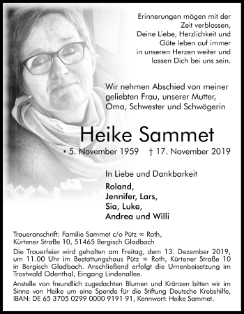 Anzeige von Heike Sammet von Kölner Stadt-Anzeiger / Kölnische Rundschau / Express
