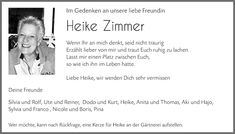  Traueranzeige für Heike Zimmer vom 02.11.2019 aus  Leverkusener Wochenende 