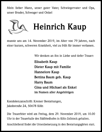 Anzeige von Heinrich Kaup von Kölner Stadt-Anzeiger / Kölnische Rundschau / Express