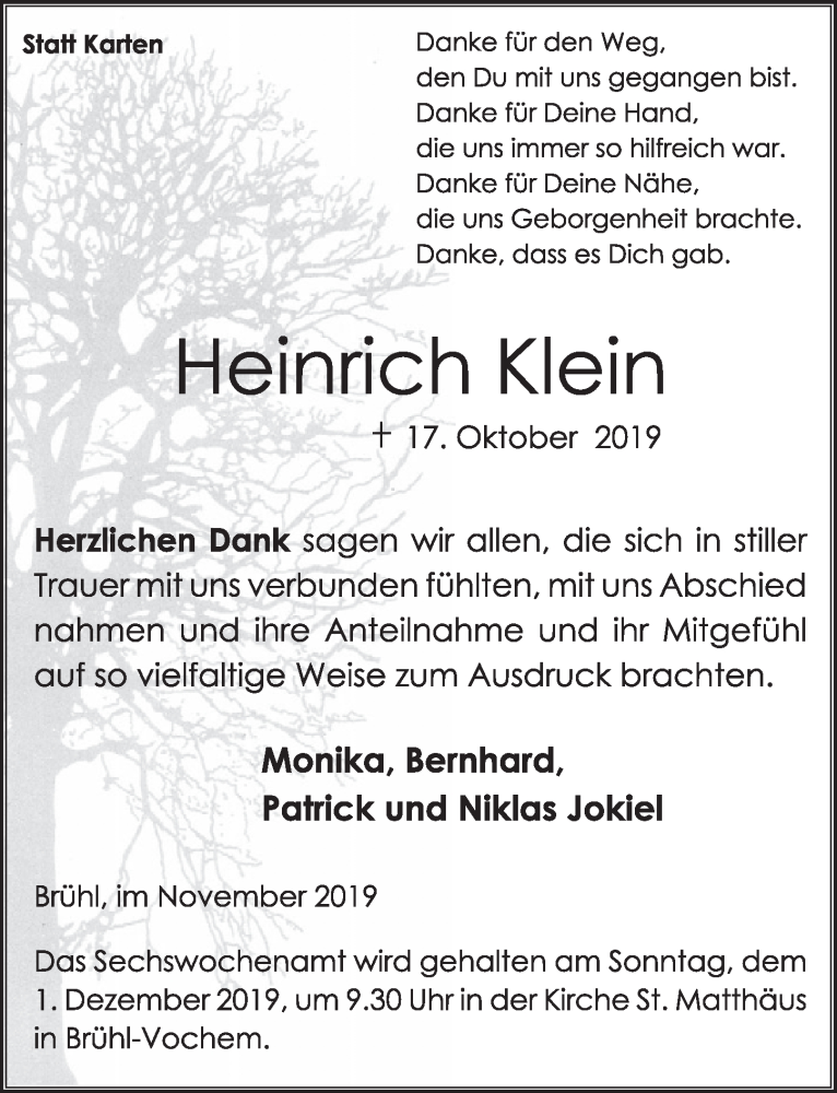  Traueranzeige für Heinrich Klein vom 20.11.2019 aus  Schlossbote/Werbekurier 