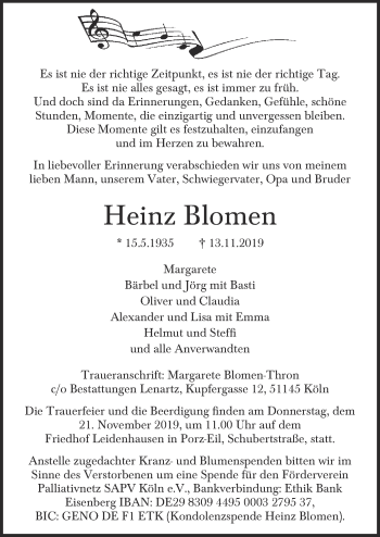 Anzeige von Heinz Blomen von  Kölner Wochenspiegel 