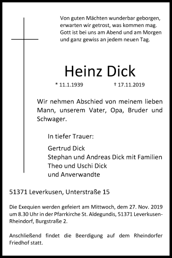 Anzeige von Heinz Dick von Kölner Stadt-Anzeiger / Kölnische Rundschau / Express