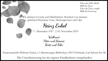 Anzeige von Heinz Enkel von Kölner Stadt-Anzeiger / Kölnische Rundschau / Express